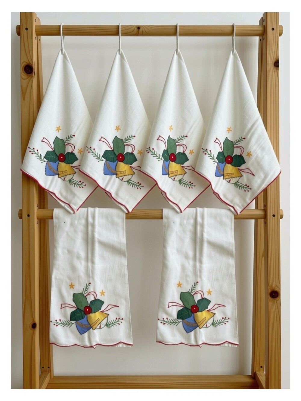 Vintage Embroidered Christmas Dinner Napkins / Tea Towels Set of 6 Linens